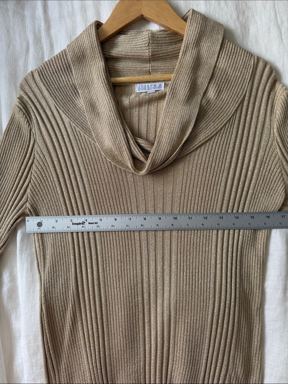 Joseph A. Shimmer Ribbed Knit Gold Cowl Neck Sweater Women's Size L Holiday Date - Picture 8 of 10